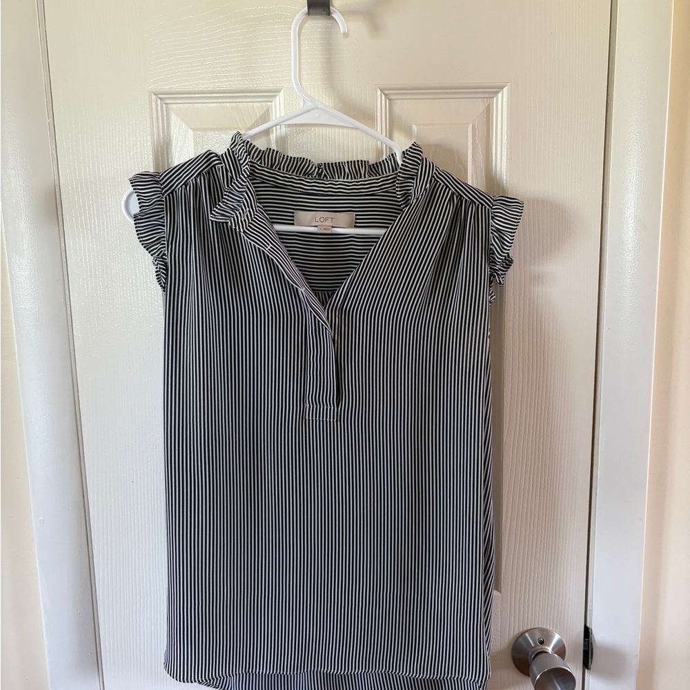 LOFT Black and White Striped V-Neck Ruffle Cap Sleeve Blouse